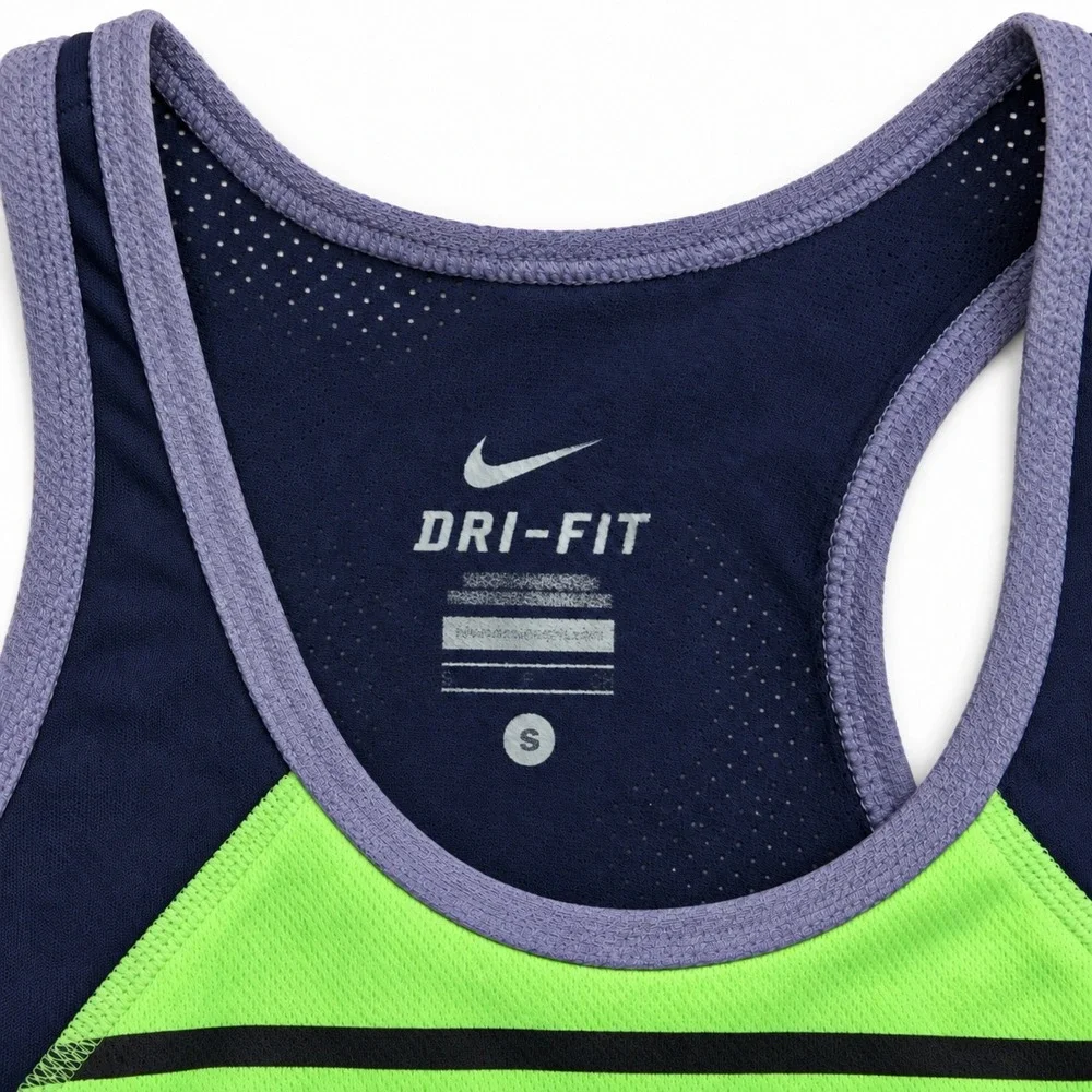 Nike Dri-FIT Racerback Tank Top Lime Green Black Striped Navy Blue Small